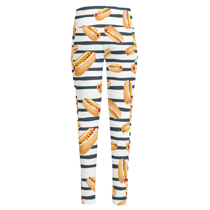 Hot Dog Striped Pattern Print High-Waisted Pocket Leggings