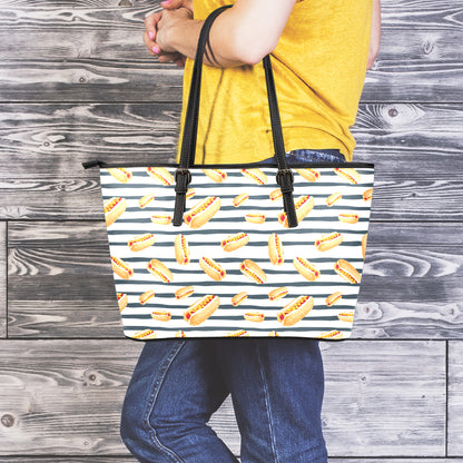 Hot Dog Striped Pattern Print Leather Tote Bag