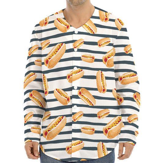 Hot Dog Striped Pattern Print Long Sleeve Baseball Jersey