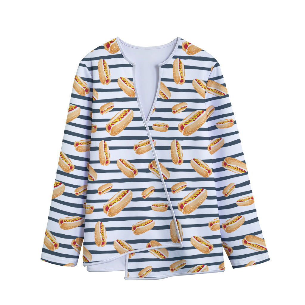 Hot Dog Striped Pattern Print Long Sleeve Short Coat