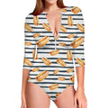 Hot Dog Striped Pattern Print Long Sleeve Swimsuit