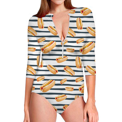 Hot Dog Striped Pattern Print Long Sleeve Swimsuit