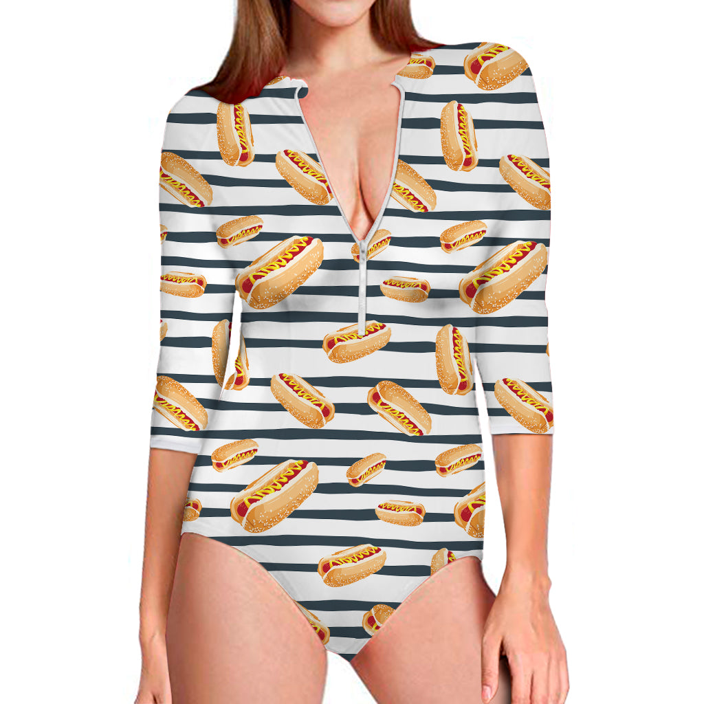 Hot Dog Striped Pattern Print Long Sleeve Swimsuit