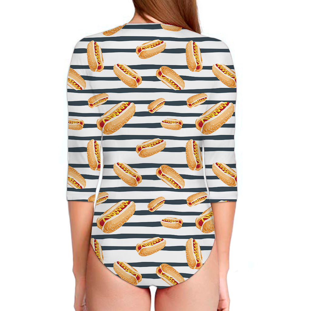 Hot Dog Striped Pattern Print Long Sleeve Swimsuit