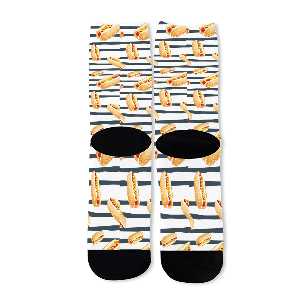 Hot Dog Striped Pattern Print Long Socks
