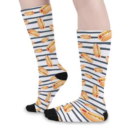 Hot Dog Striped Pattern Print Long Socks