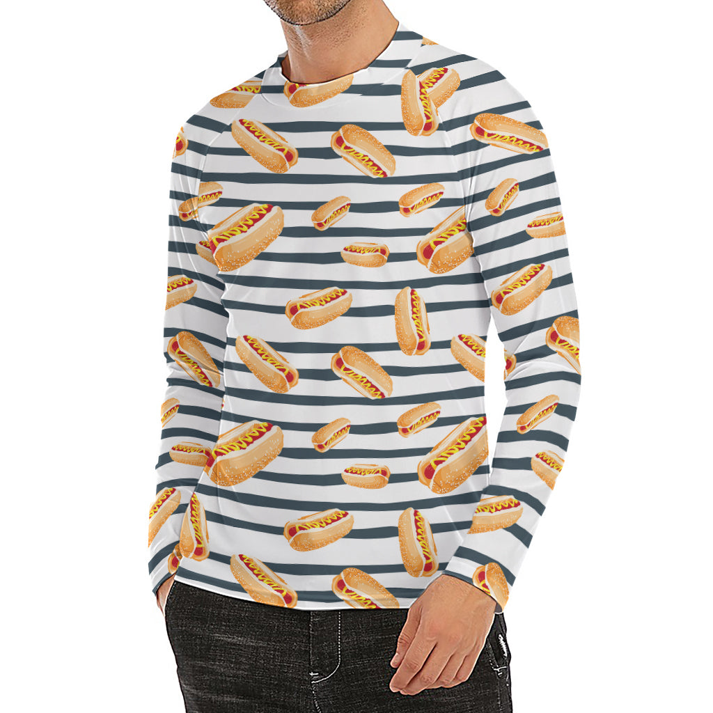 Hot Dog Striped Pattern Print Men's Long Sleeve Rash Guard