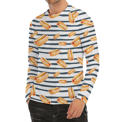 Hot Dog Striped Pattern Print Men's Long Sleeve Rash Guard