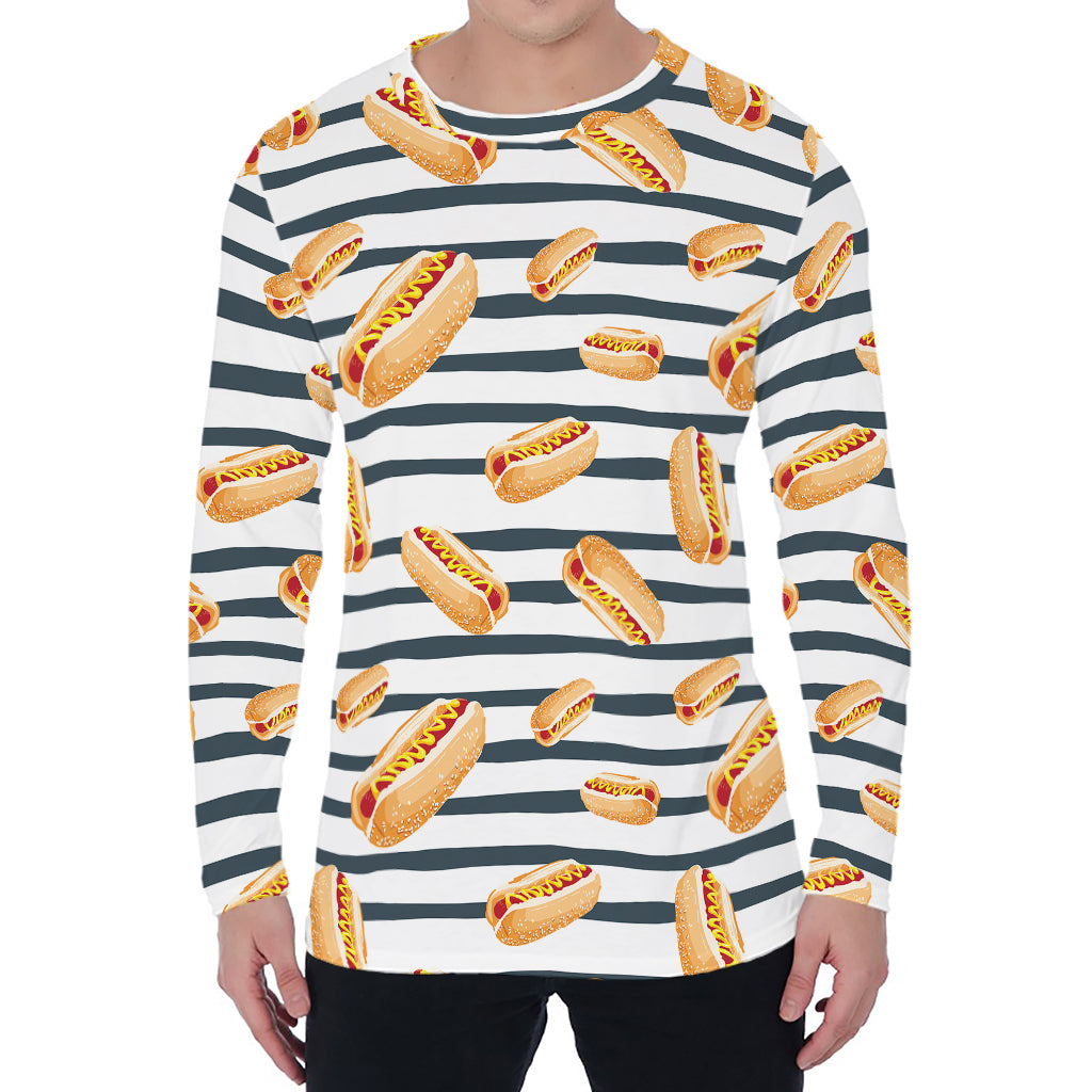 Hot Dog Striped Pattern Print Men's Long Sleeve T-Shirt