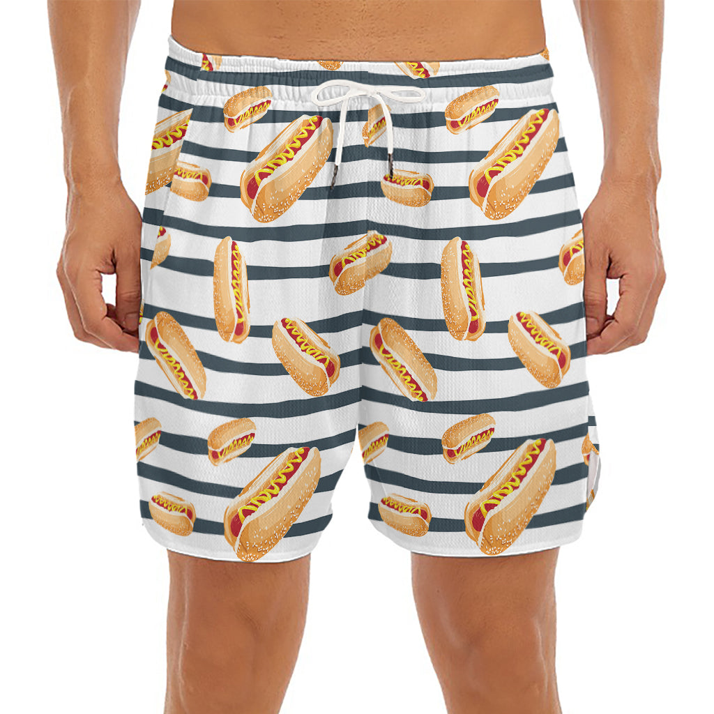 Hot Dog Striped Pattern Print Men's Split Running Shorts