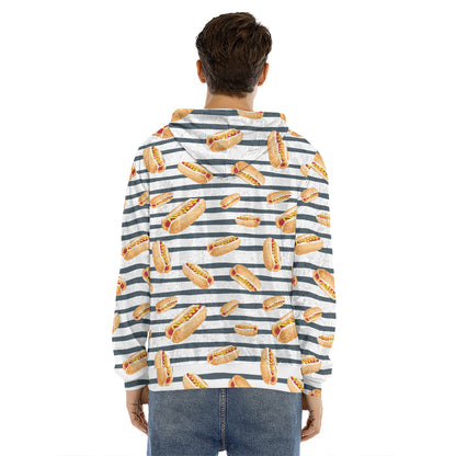 Hot Dog Striped Pattern Print Men's Velvet Pullover Hoodie