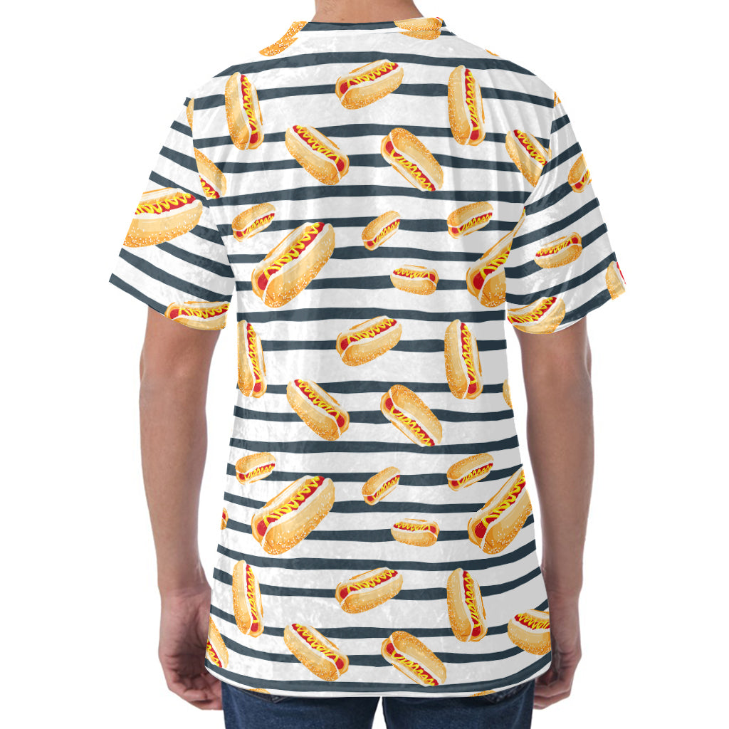 Hot Dog Striped Pattern Print Men's Velvet T-Shirt
