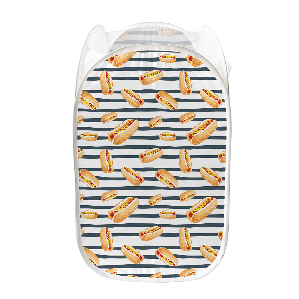 Hot Dog Striped Pattern Print Mesh Laundry Hamper