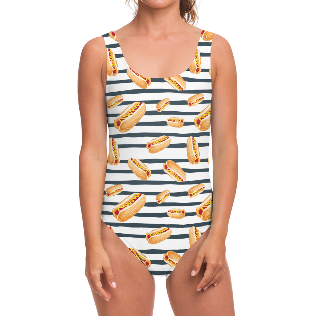 Hot Dog Striped Pattern Print One Piece Swimsuit