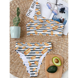 Hot Dog Striped Pattern Print One Shoulder Bikini Top