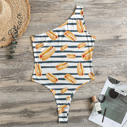 Hot Dog Striped Pattern Print One Shoulder Bodysuit