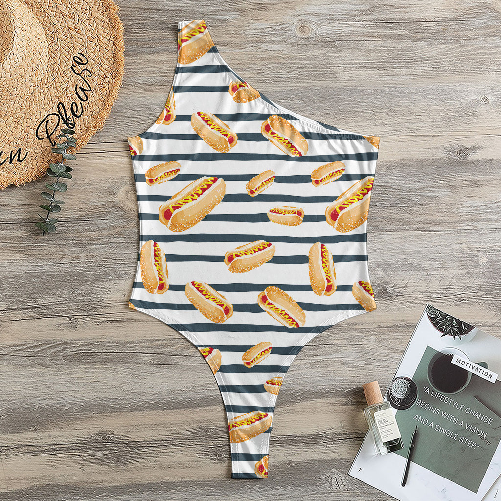 Hot Dog Striped Pattern Print One Shoulder Bodysuit