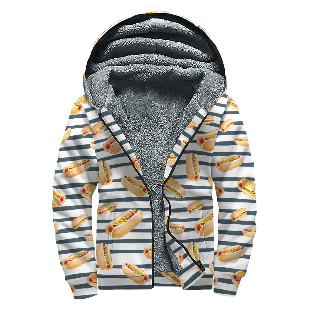 Hot Dog Striped Pattern Print Sherpa Lined Zip Up Hoodie