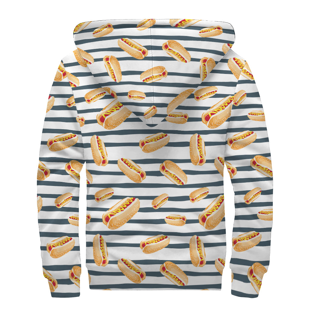 Hot Dog Striped Pattern Print Sherpa Lined Zip Up Hoodie