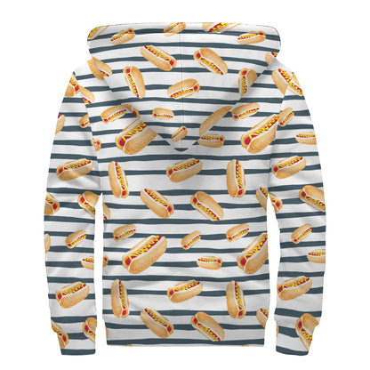 Hot Dog Striped Pattern Print Sherpa Lined Zip Up Hoodie