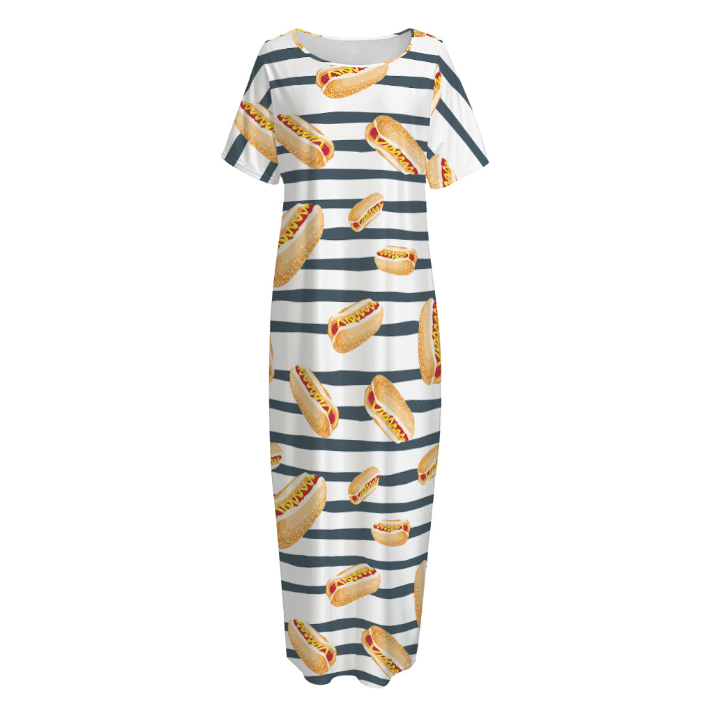 Hot Dog Striped Pattern Print Short Sleeve Long Nightdress