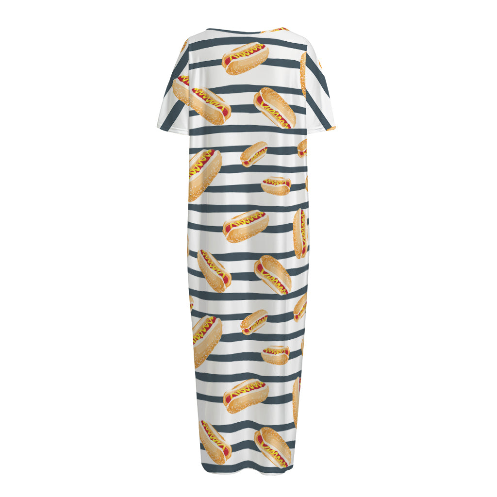 Hot Dog Striped Pattern Print Short Sleeve Long Nightdress