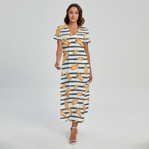 Hot Dog Striped Pattern Print Short Sleeve Maxi Dress