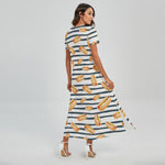 Hot Dog Striped Pattern Print Short Sleeve Maxi Dress