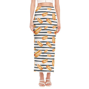 Hot Dog Striped Pattern Print Side Slit Maxi Skirt