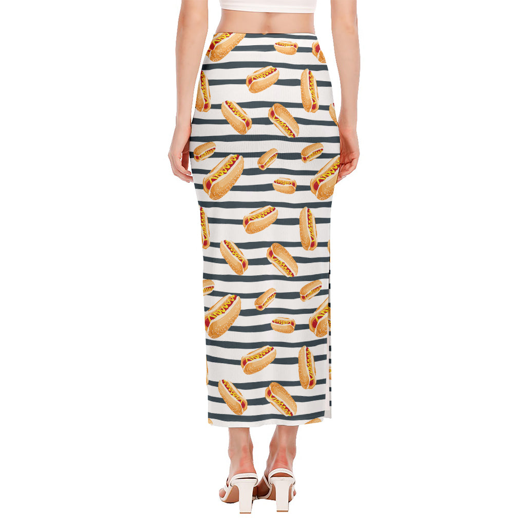 Hot Dog Striped Pattern Print Side Slit Maxi Skirt