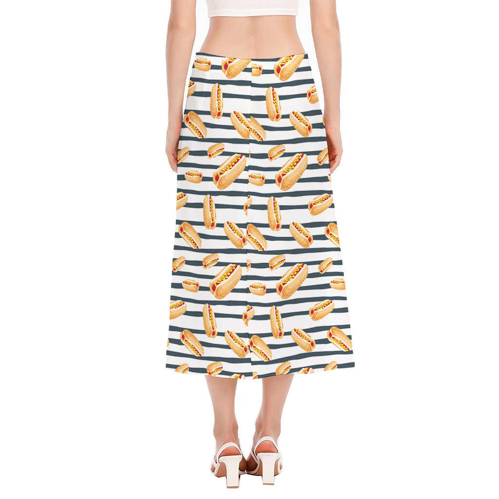 Hot Dog Striped Pattern Print Side Slit Midi Skirt