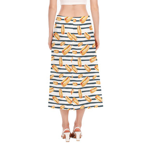 Hot Dog Striped Pattern Print Side Slit Midi Skirt