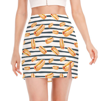 Hot Dog Striped Pattern Print Side Slit Mini Skirt