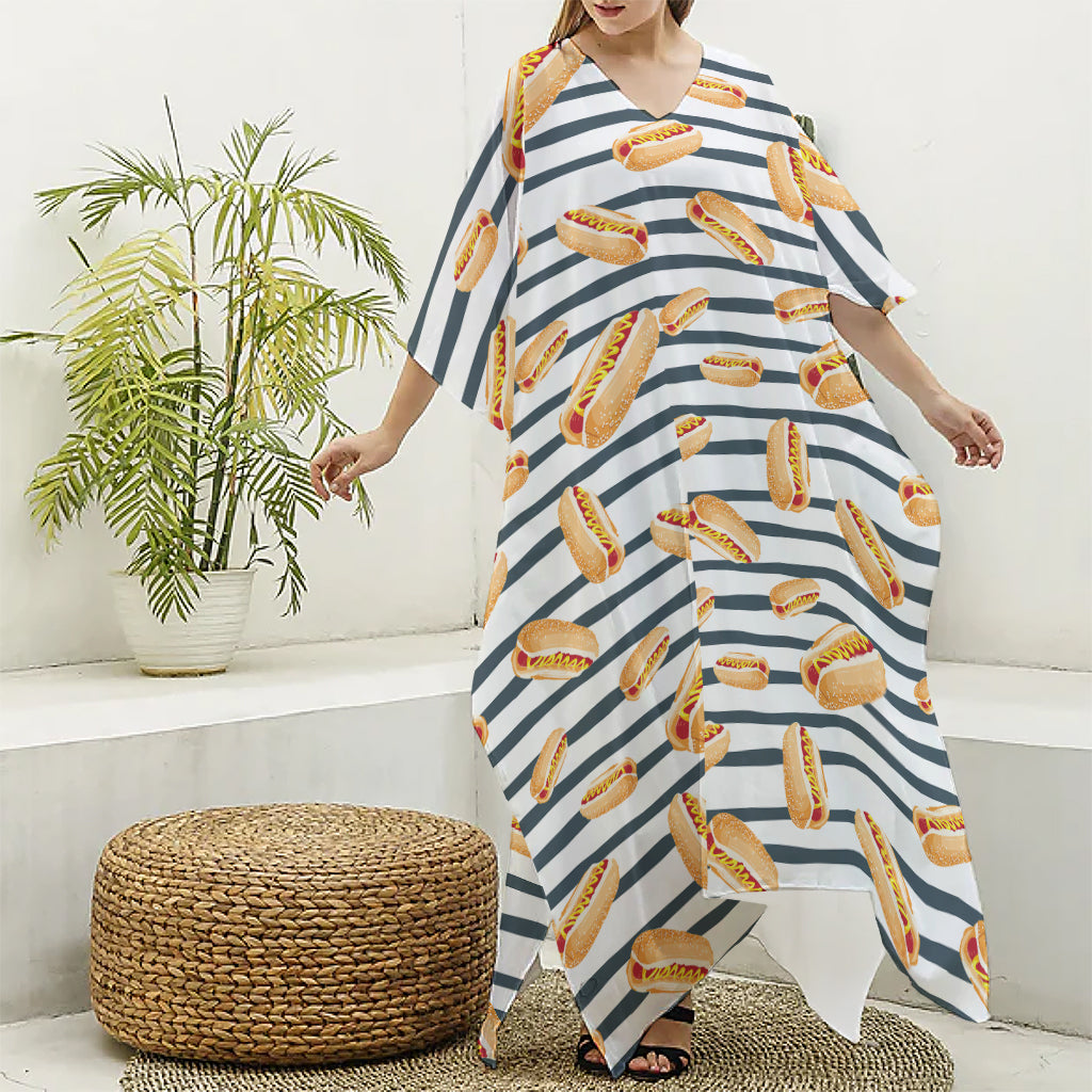 Hot Dog Striped Pattern Print Silk V-Neck Kaftan Dress