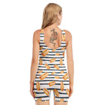 Hot Dog Striped Pattern Print Sleeveless One Piece Swimsuit