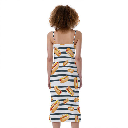 Hot Dog Striped Pattern Print Slim Fit Midi Cami Dress
