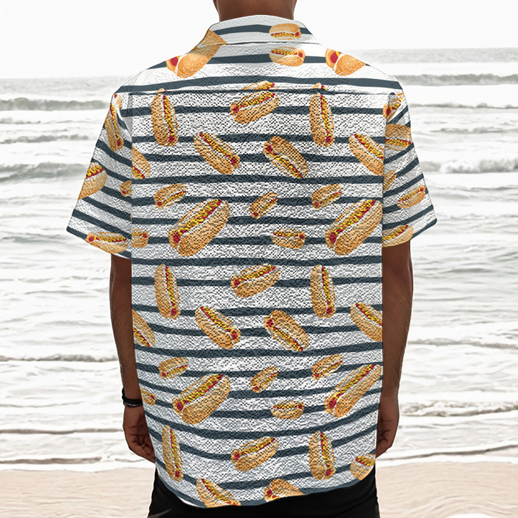 Hot Dog Striped Pattern Print Textured Short Sleeve Shirt