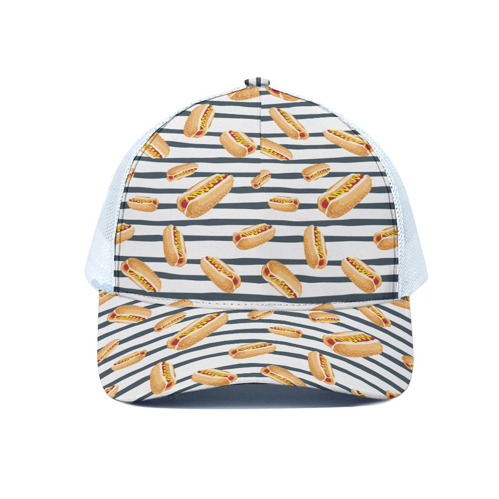 Hot Dog Striped Pattern Print White Mesh Trucker Cap