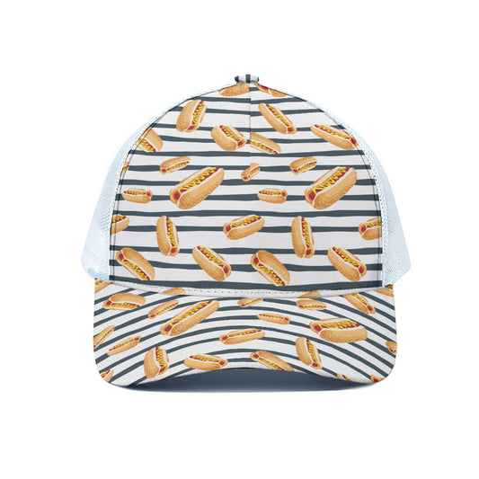 Hot Dog Striped Pattern Print White Mesh Trucker Cap
