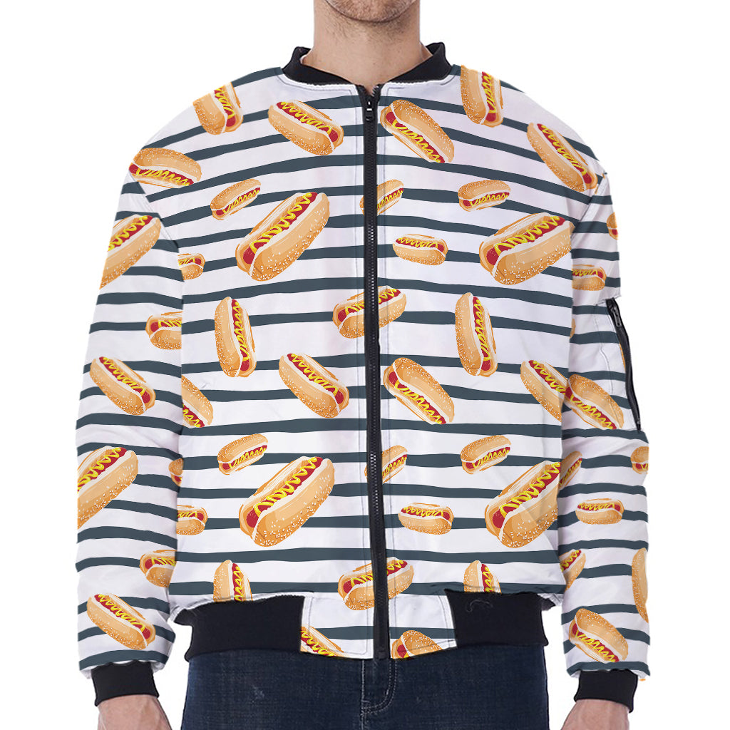 Hot Dog Striped Pattern Print Zip Sleeve Bomber Jacket