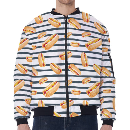 Hot Dog Striped Pattern Print Zip Sleeve Bomber Jacket