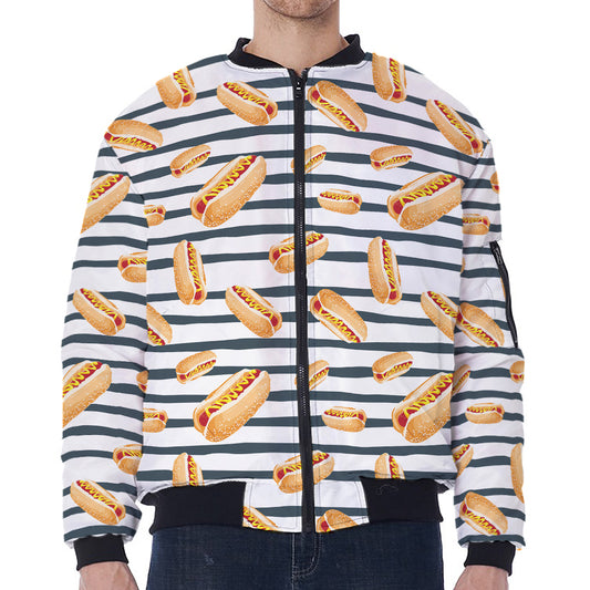 Hot Dog Striped Pattern Print Zip Sleeve Bomber Jacket