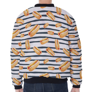 Hot Dog Striped Pattern Print Zip Sleeve Bomber Jacket
