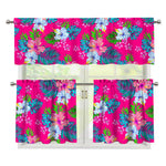Hot Pink Aloha Hibiscus Pattern Print 3 Piece Kitchen Curtains