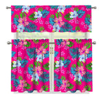 Hot Pink Aloha Hibiscus Pattern Print 3 Piece Kitchen Curtains