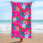 Hot Pink Aloha Hibiscus Pattern Print Beach Towel