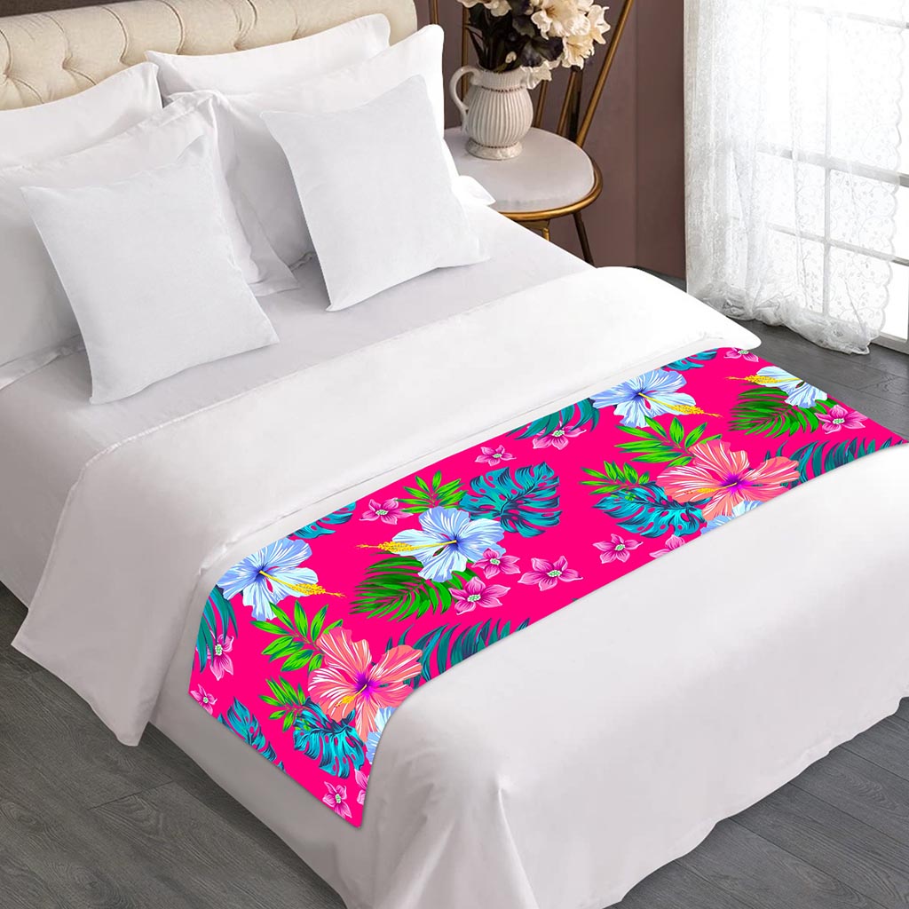 Hot Pink Aloha Hibiscus Pattern Print Bed Runner