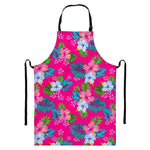 Hot Pink Aloha Hibiscus Pattern Print Bib Apron With Pocket