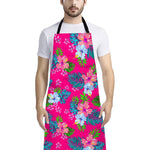 Hot Pink Aloha Hibiscus Pattern Print Bib Apron With Pocket