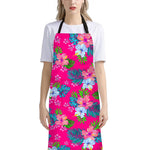 Hot Pink Aloha Hibiscus Pattern Print Bib Apron With Pocket